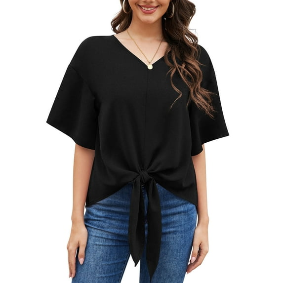 Uvplove Womens Tie Front Blouses V Neck Short Sleeve Chiffon Tops Dressy Casual Summer Shirts,Black,US Size M
