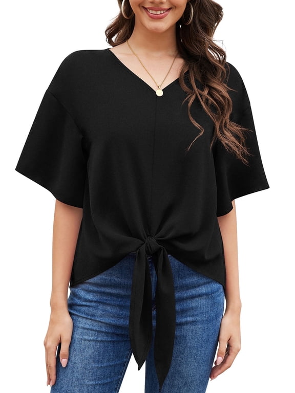 Womens Tie Front Blouses V Neck Short Sleeve Chiffon Tops Dressy Casual Summer Shirts,Black,US Size S