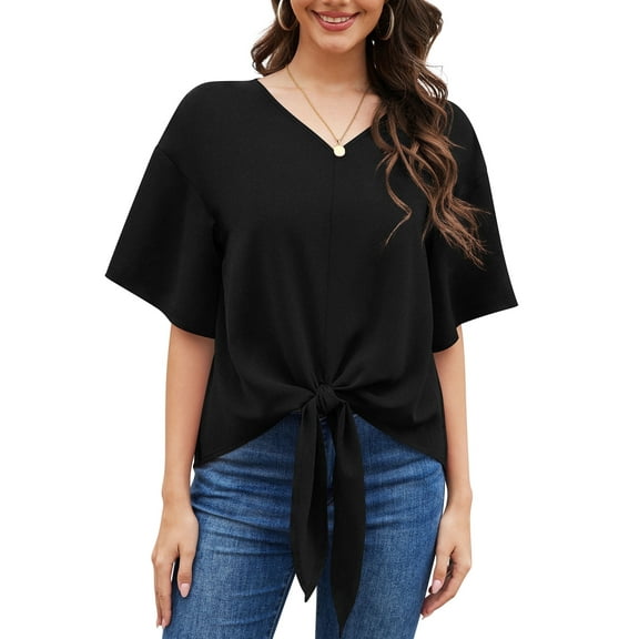 Uvplove Womens Tie Front Blouses V Neck Short Sleeve Chiffon Tops Dressy Casual Summer Shirts,Black,US Size XL