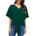 thumbnail image 1 of Uvplove Womens Tie Front Blouses V Neck Short Sleeve Chiffon Tops Dressy Casual Summer Shirts,Dark Green,US Size L, 1 of 10