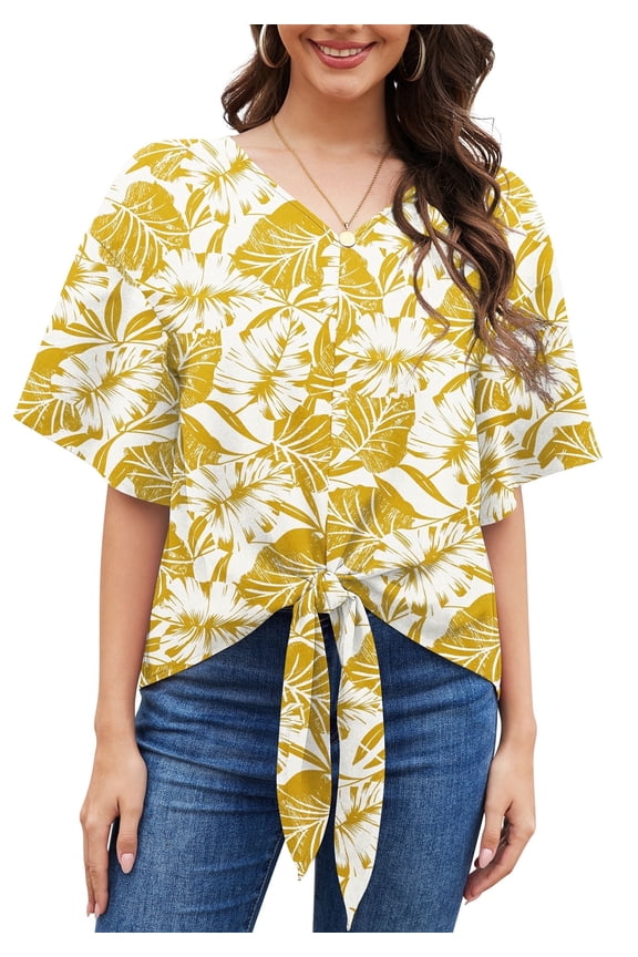 Womens Tie Front Blouses V Neck Short Sleeve Chiffon Tops Dressy Casual Summer Shirts,F Yellow leaf white,US Size L