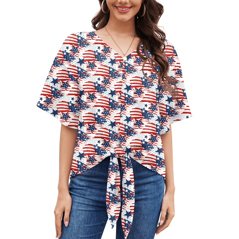 Womens Tie Front Blouses V Neck Short Sleeve Chiffon Tops Dressy Casual Summer Shirts,Flag White,US Size L