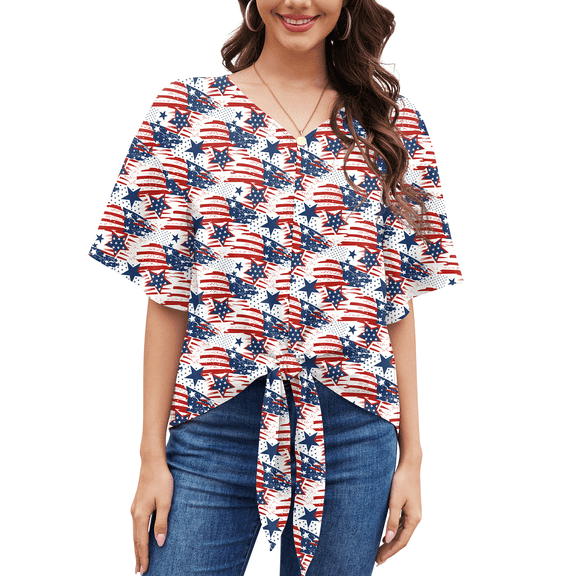 Uvplove Womens Tie Front Blouses V Neck Short Sleeve Chiffon Tops Dressy Casual Summer Shirts,Flag White,US Size XXL