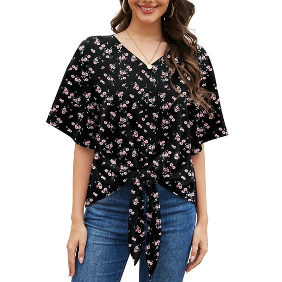 Uvplove Womens Tie Front Blouses V Neck Short Sleeve Chiffon Tops Dressy Casual Summer Shirts,Floral Black,US Size L