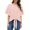 thumbnail image 1 of Uvplove Womens Tie Front Blouses V Neck Short Sleeve Chiffon Tops Dressy Casual Summer Shirts,Pink,US Size L, 1 of 10