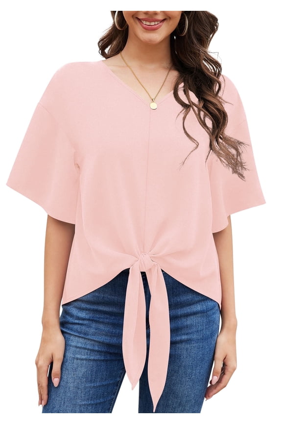 Womens Tie Front Blouses V Neck Short Sleeve Chiffon Tops Dressy Casual Summer Shirts,Pink,US Size XL