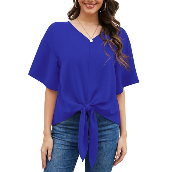 Uvplove Womens Tie Front Blouses V Neck Short Sleeve Chiffon Tops Dressy Casual Summer Shirts,Royal Blue,US Size L