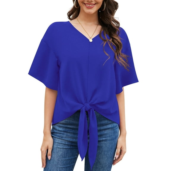 Uvplove Womens Tie Front Blouses V Neck Short Sleeve Chiffon Tops Dressy Casual Summer Shirts,Royal Blue,US Size M