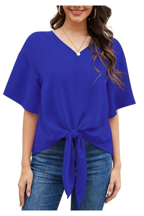 Womens Tie Front Blouses V Neck Short Sleeve Chiffon Tops Dressy Casual Summer Shirts,Royal Blue,US Size XL
