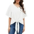thumbnail image 1 of Uvplove Womens Tie Front Blouses V Neck Short Sleeve Chiffon Tops Dressy Casual Summer Shirts,White,US Size L, 1 of 10