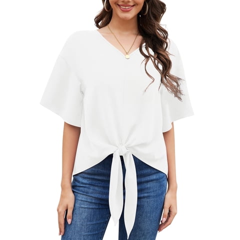 Womens Tie Front Blouses V Neck Short Sleeve Chiffon Tops Dressy Casual Summer Shirts,White,US Size M