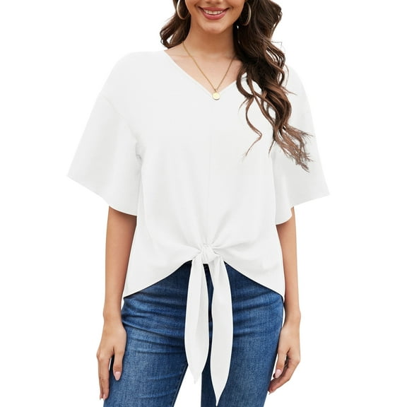 Uvplove Womens Tie Front Blouses V Neck Short Sleeve Chiffon Tops Dressy Casual Summer Shirts,White,US Size XL