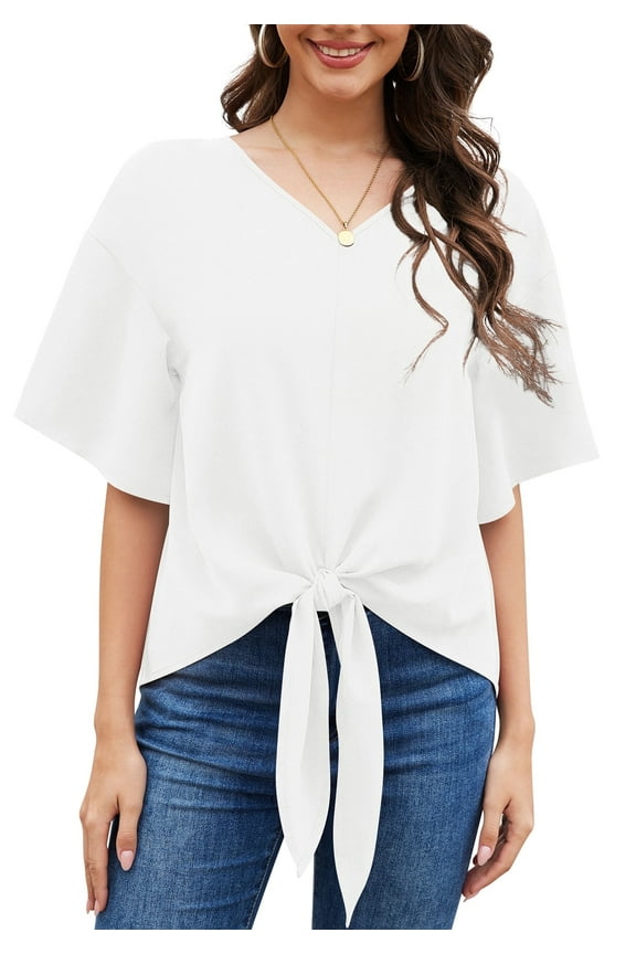 Womens Tie Front Blouses V Neck Short Sleeve Chiffon Tops Dressy Casual Summer Shirts,White,US Size XXL