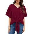 thumbnail image 1 of Uvplove Womens Tie Front Blouses V Neck Short Sleeve Chiffon Tops Dressy Casual Summer Shirts,Wine Red,US Size L, 1 of 10