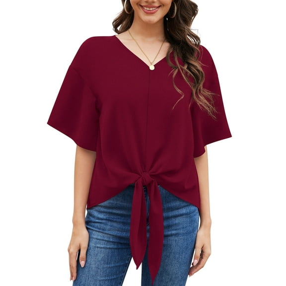 Uvplove Womens Tie Front Blouses V Neck Short Sleeve Chiffon Tops Dressy Casual Summer Shirts,Wine Red,US Size XXL
