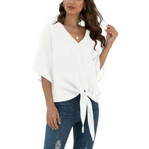 Uvplove Womens Tie Front Chiffon Blouses V Neck Batwing Short Sleeve ...