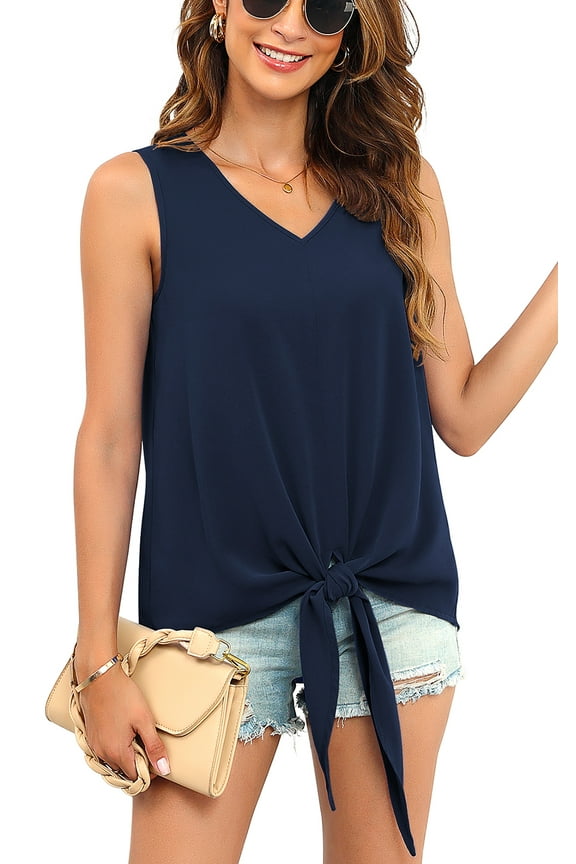 Womens Tie Front Chiffon Blouses V Neck for women Sleeveless Summer Tops Shirts,US Size,Navy Blue,Small