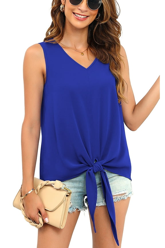 Womens Tie Front Chiffon Blouses V Neck for women Sleeveless Summer Tops Shirts,US Size,Royal Blue,Medium