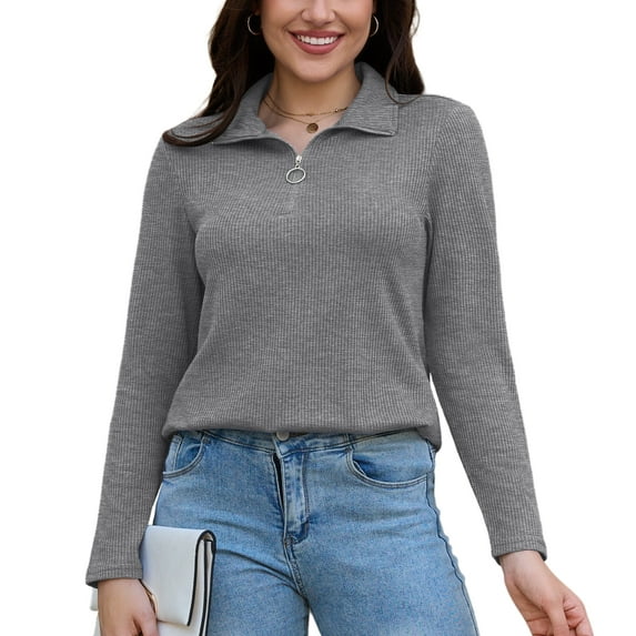 Uvplove Womens Tops Dressy Casual Fall Long Sleeve V Neck Shirts Waffle Zipper Collar Polo Shirts Blouses Morandi Grey-L