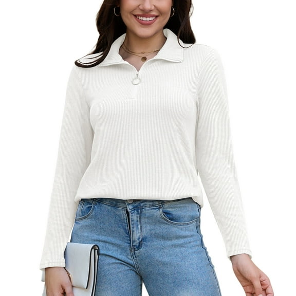 Uvplove Womens Tops Dressy Casual Fall Long Sleeve V Neck Shirts Waffle Zipper Collar Polo Shirts Blouses White-XL