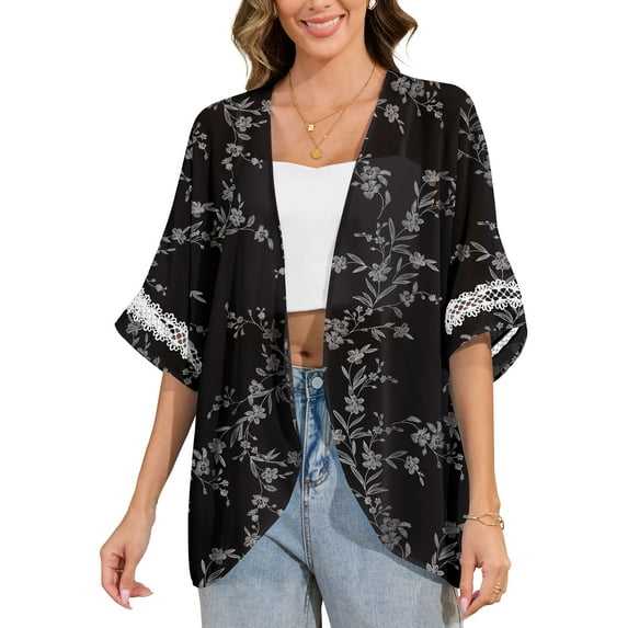Uvplove women's Swimsuit Cover Up Shirt Lightweght Puff Sleeve Cardigan Chiffon Blouse Top,Black Leaves,S