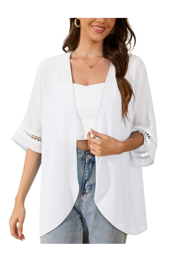 women's Swimsuit Cover Up Shirt Lightweght Puff Sleeve Cardigan Chiffon Blouse Top,White,L