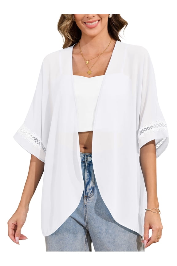 women's Swimsuit Cover Up Shirt Lightweght Puff Sleeve Cardigan Chiffon Blouse Top,White,M