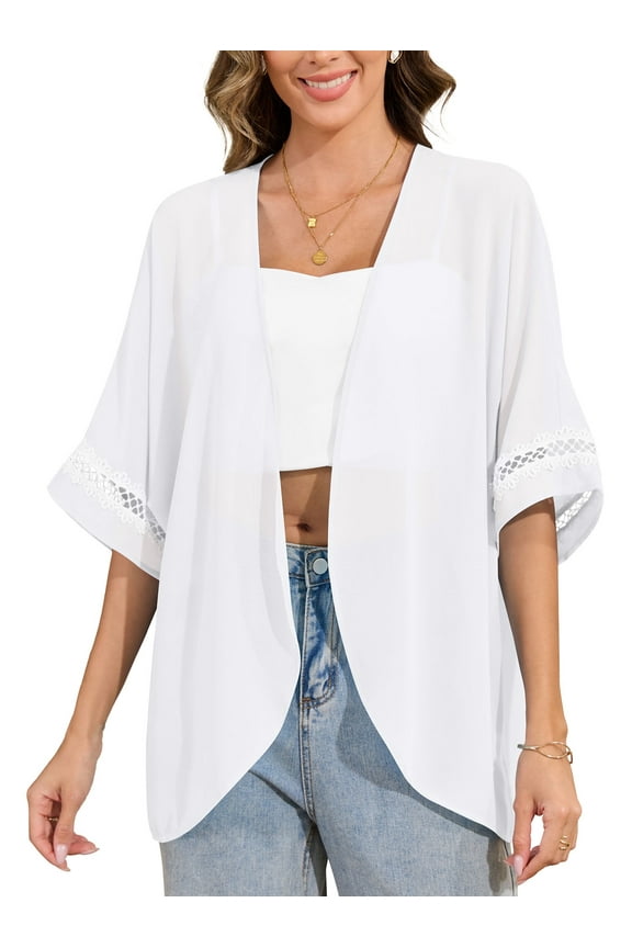 women's Swimsuit Cover Up Shirt Lightweght Puff Sleeve Cardigan Chiffon Blouse Top,White,XL
