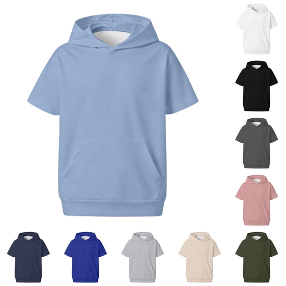 Uvwlwu Kids Short Sleeve Hooded Sweatshirt Boys Girls Loose Lightweight Pullover Hoodie with Kangaroo Pocket Casual Athletic Tops for School Daily Outdoor Wear,4-5 Years
