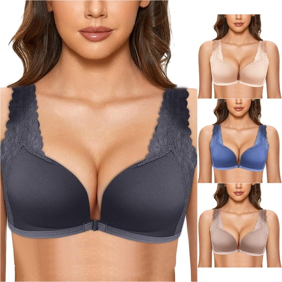 Uvwlwu Women Front Closure Bra Lace Wide Straps Full Coverage Underwire Unlined Support Everyday Plus Size Bra,A