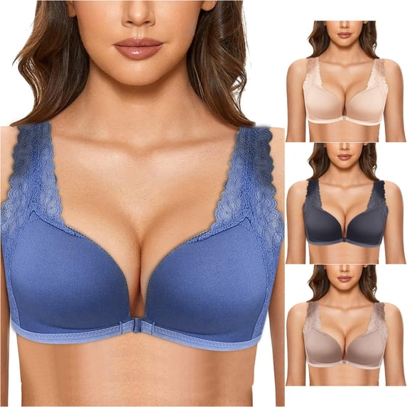 Uvwlwu Women Front Closure Bra Lace Wide Straps Full Coverage Underwire Unlined Support Everyday Plus Size Bra,B