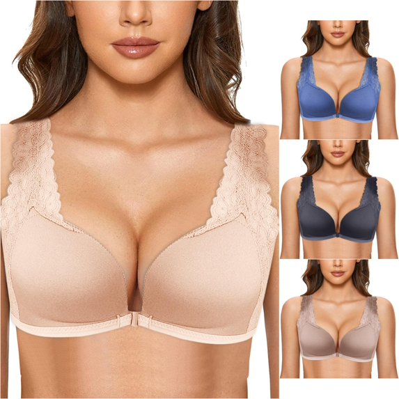 Uvwlwu Women Front Closure Bra Lace Wide Straps Full Coverage Underwire Unlined Support Everyday Plus Size Bra,C