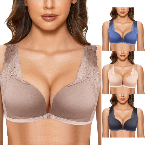 Uvwlwu Women Front Closure Bra Lace Wide Straps Full Coverage Underwire Unlined Support Everyday Plus Size Bra,D