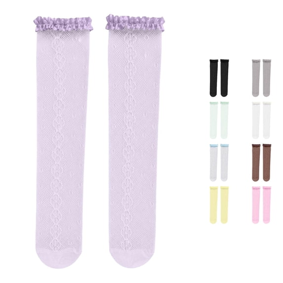Uvwlwu Women Knee High Socks Ruffled Floral Lace Mesh Sheer Lightweight Novelty Hosiery for Party Dating Summer Daily Wear,Purple,One Size