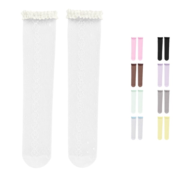 Uvwlwu Women Knee High Socks Ruffled Floral Lace Mesh Sheer Lightweight Novelty Hosiery for Party Dating Summer Daily Wear,White,One Size