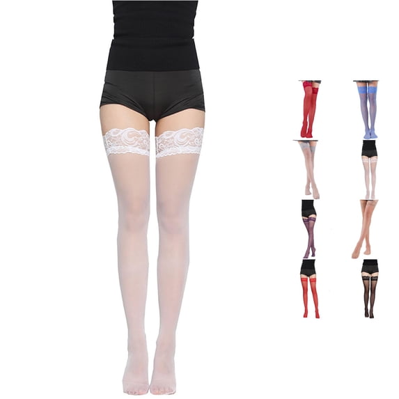 Uvwlwu Women Lace Top Thigh High Stockings Sheer Thin Nylon Hosiery Stretch Soft Stay Up Design for Party Date Evening Occasion Wear,White,One Size