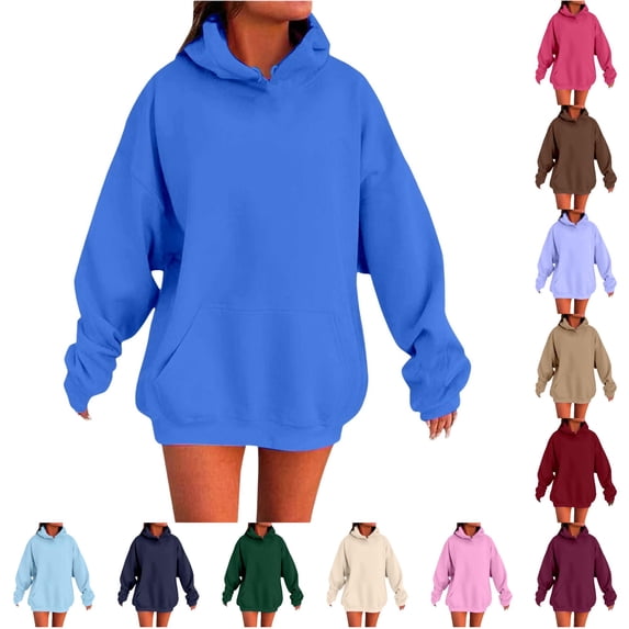 Uvwlwu Women Pullover Hooded Sweatshirt Oversized Drop Shoulder Fit Kangaroo Pocket Drawstring Hood Long Sleeve for Daily Casual Lounging Going Out Wear,BU2,M