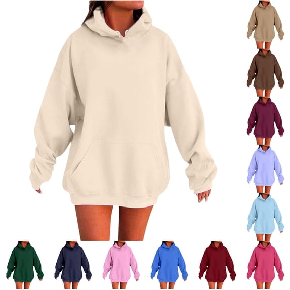 Uvwlwu Women Pullover Hooded Sweatshirt Oversized Drop Shoulder Fit Kangaroo Pocket Drawstring Hood Long Sleeve for Daily Casual Lounging Going Out Wear,Khaki,S