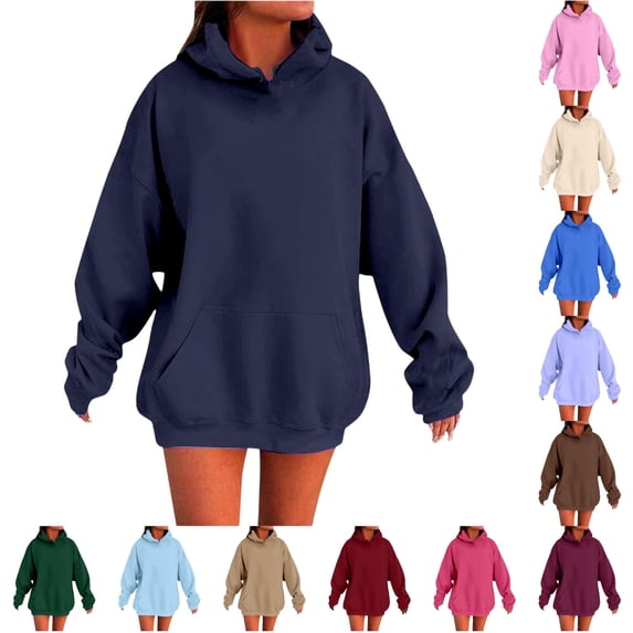 Uvwlwu Women Pullover Hooded Sweatshirt Oversized Drop Shoulder Fit Kangaroo Pocket Drawstring Hood Long Sleeve for Daily Casual Lounging Going Out Wear,Navy,XXL