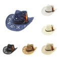 thumbnail image 1 of Uvwlwu Women Shapeable Hollowed Straw Cowboy Sun Hat Feather Decor Strap Breathable Lightweight Hat for Summer Daily Wear Camping Trip,15Navy,One Size, 1 of 4