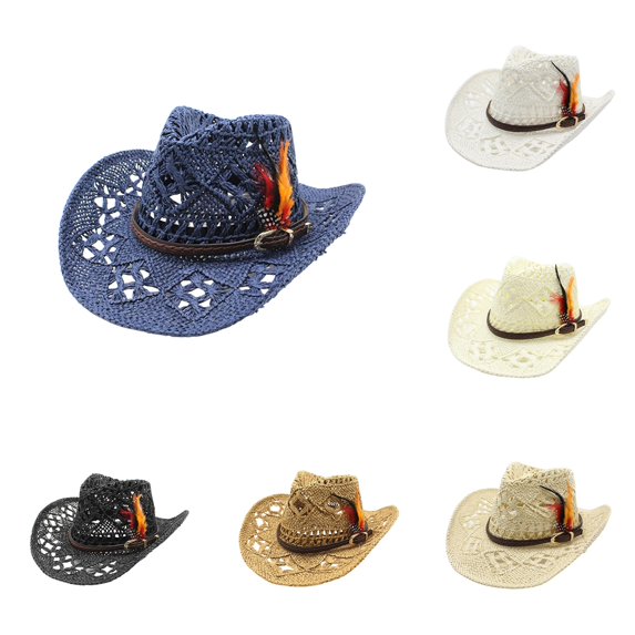 Uvwlwu Women Shapeable Hollowed Straw Cowboy Sun Hat Feather Decor Strap Breathable Lightweight Hat for Summer Daily Wear Camping Trip,15Navy,One Size