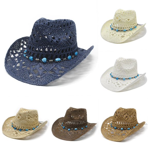 Uvwlwu Women Shapeable Hollowed Straw Cowboy Sun Hat Star Metal Buckle Leather Band Breathable Lightweight Hat for Summer Daily Wear Road Trip,8Navy,One Size
