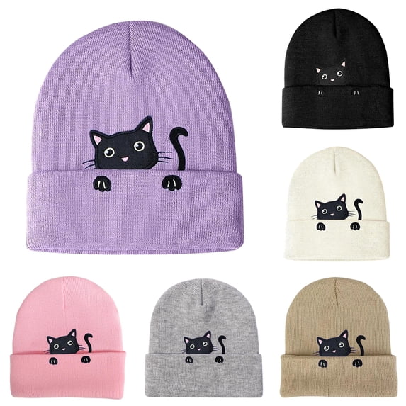 Uvwlwu Women's Knit Beanie Hat Cute Cat Embroidery Soft Stretchy Thermal Lightweight Cap for Casual Outdoor Winter Daily Activities,21*19*2