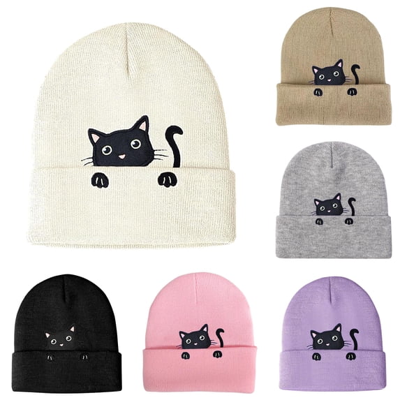 Uvwlwu Women's Knit Beanie Hat Cute Cat Embroidery Soft Stretchy Thermal Lightweight Cap for Casual Outdoor Winter Daily Activities,21*19*2