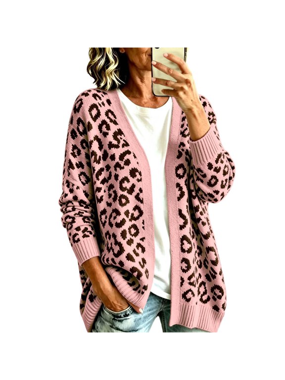 Uvwlwu Women's Leopard Print Open Front Knit Cardigan Long Sleeve Relaxed Fit Outerwear Ribbed Jacket for Autumn Winter Daily Casual Wear,3XL