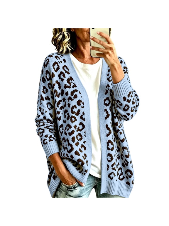 Uvwlwu Women's Leopard Print Open Front Knit Cardigan Long Sleeve Relaxed Fit Outerwear Ribbed Jacket for Autumn Winter Daily Casual Wear,S