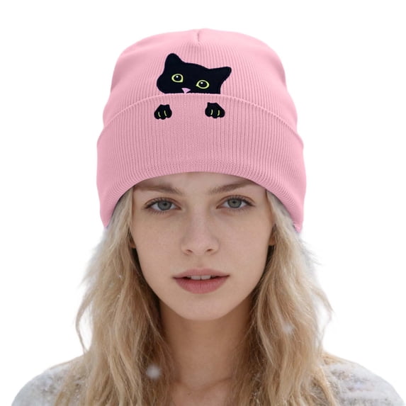 Uvwlwu Women's Peeking Black Cat Embroidered Knit Beanie Soft Warm Winter Hat for Outdoor Daily Holiday Wear,Z03 Pink,One Size