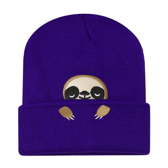 Uvwlwu Women's Peeking Sloth Embroidered Knit Beanie Soft Warm Winter Hat for Outdoor Daily Holiday Wear,Z01 Purple,One Size