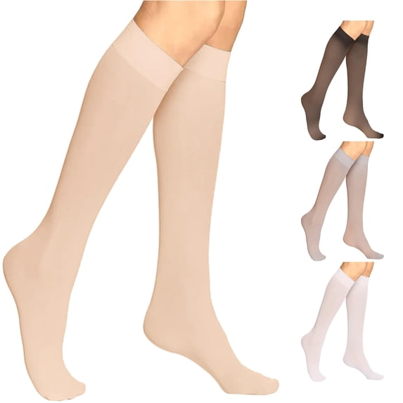 Uvwlwu Womens Knee High Stockings Sheer Hosiery Lightweight Smooth Soft Stretchy Wide Top Cuff for Daily Casual formal Dress Outfit,Beige,L