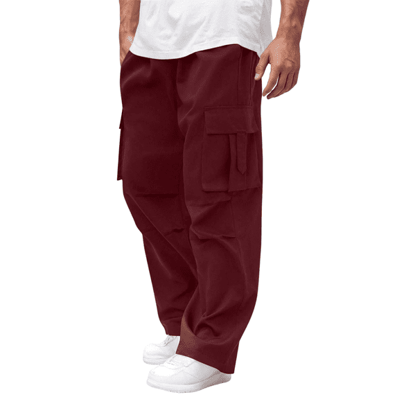 Uwinwear Men's Baggy Cargo Pants Elastic Drawstring Cargo Pants Casual Loose Fit Joggers Hiking Long Pants with Pockets,Deep Red,XXL
